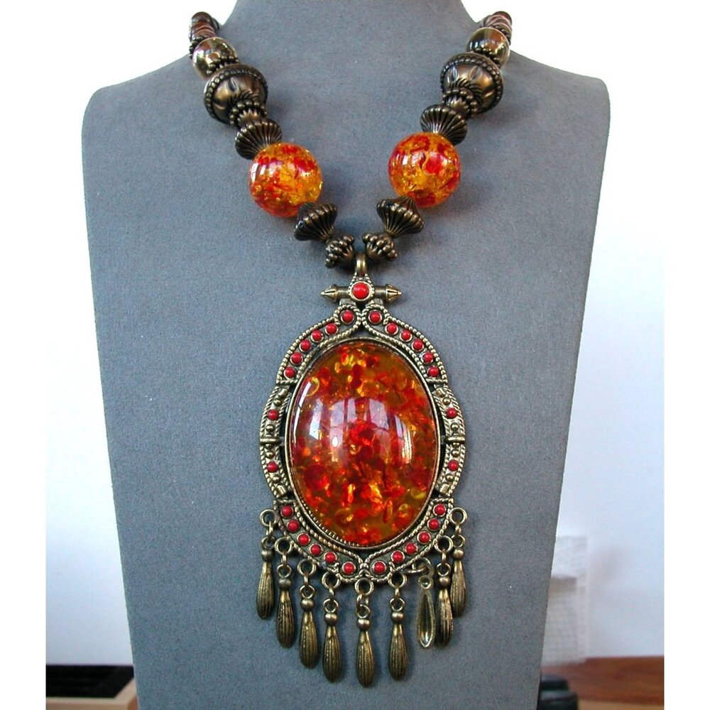 Vintage-Inspired Amber Pendant Necklace With Ornate Bronze Beads & Dangling Acce